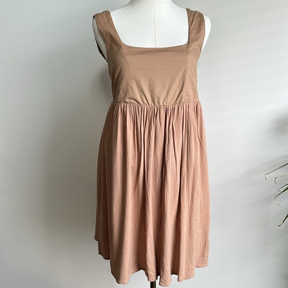 Neutral Tan Sleeveless Mini Dress Women Small Square Neck‎ Babydoll Boho Coastal